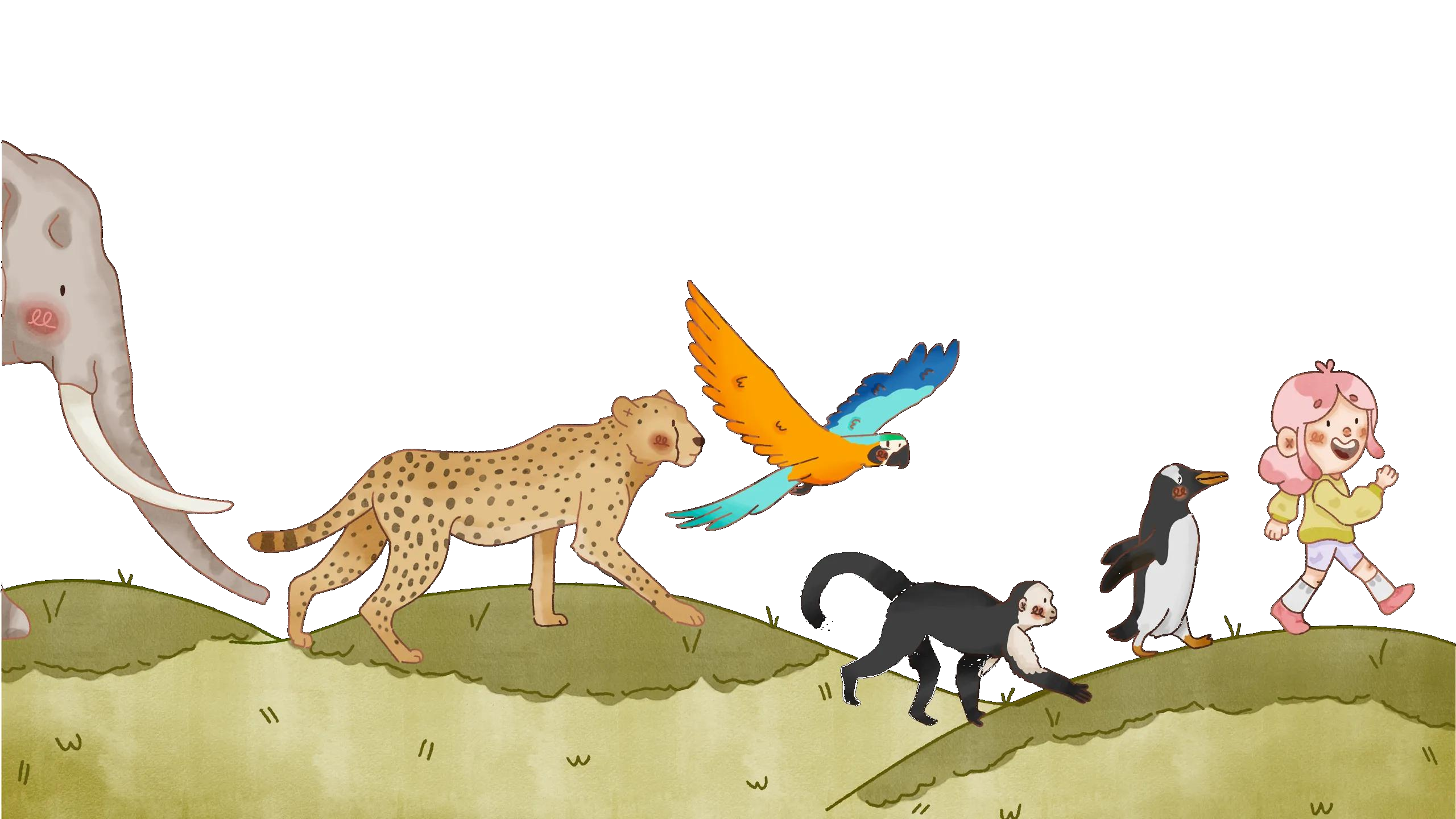 Une fillette suivie d'un éléphant, un guépard, un perroquet, un singe et un pingouin — illustration de Dana