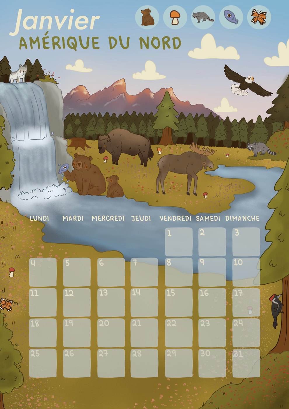 Page de janvier du calendrier 2027 : l’Amérique du Nord et ses animaux