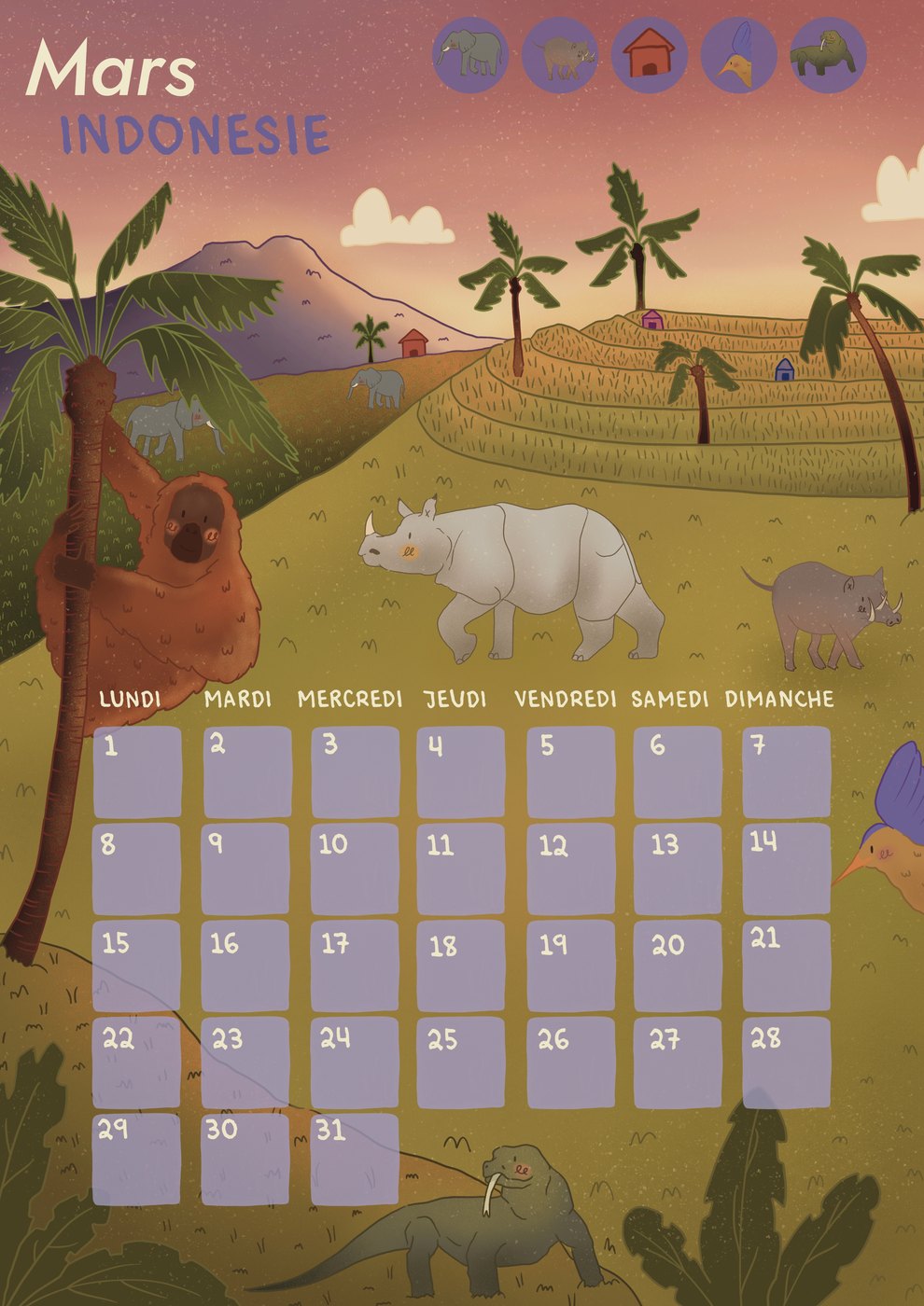 Page de mars du calendrier : Indonésie