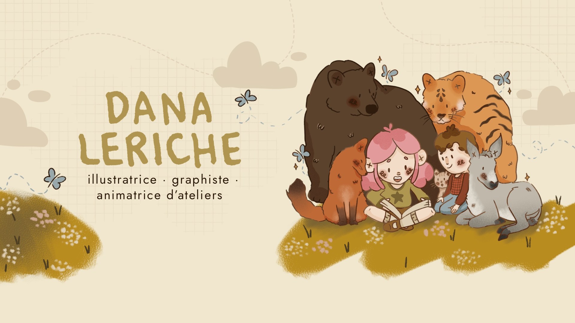 Dana Leriche, illustratrice, graphiste et animatrice d'ateliers — une fillette et un garçon lisent un livre dans l'herbe, entourés d'un ours, d'un tigre, d'un renard, d'un chat et d'un âne